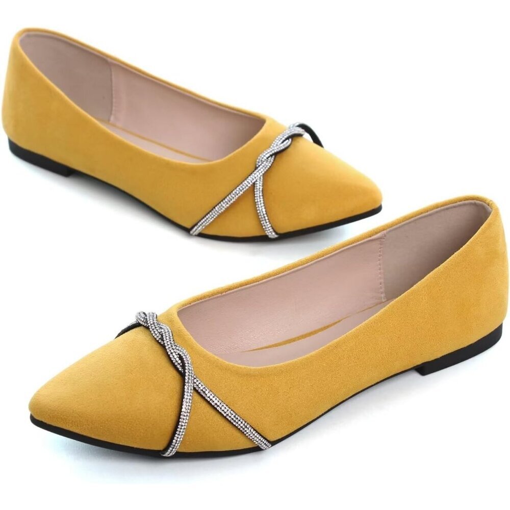 Women's Yellow Casual Flats Fashion Chain Pointed Toe Ballet Flat Rhinestone - Picture 6 of 7